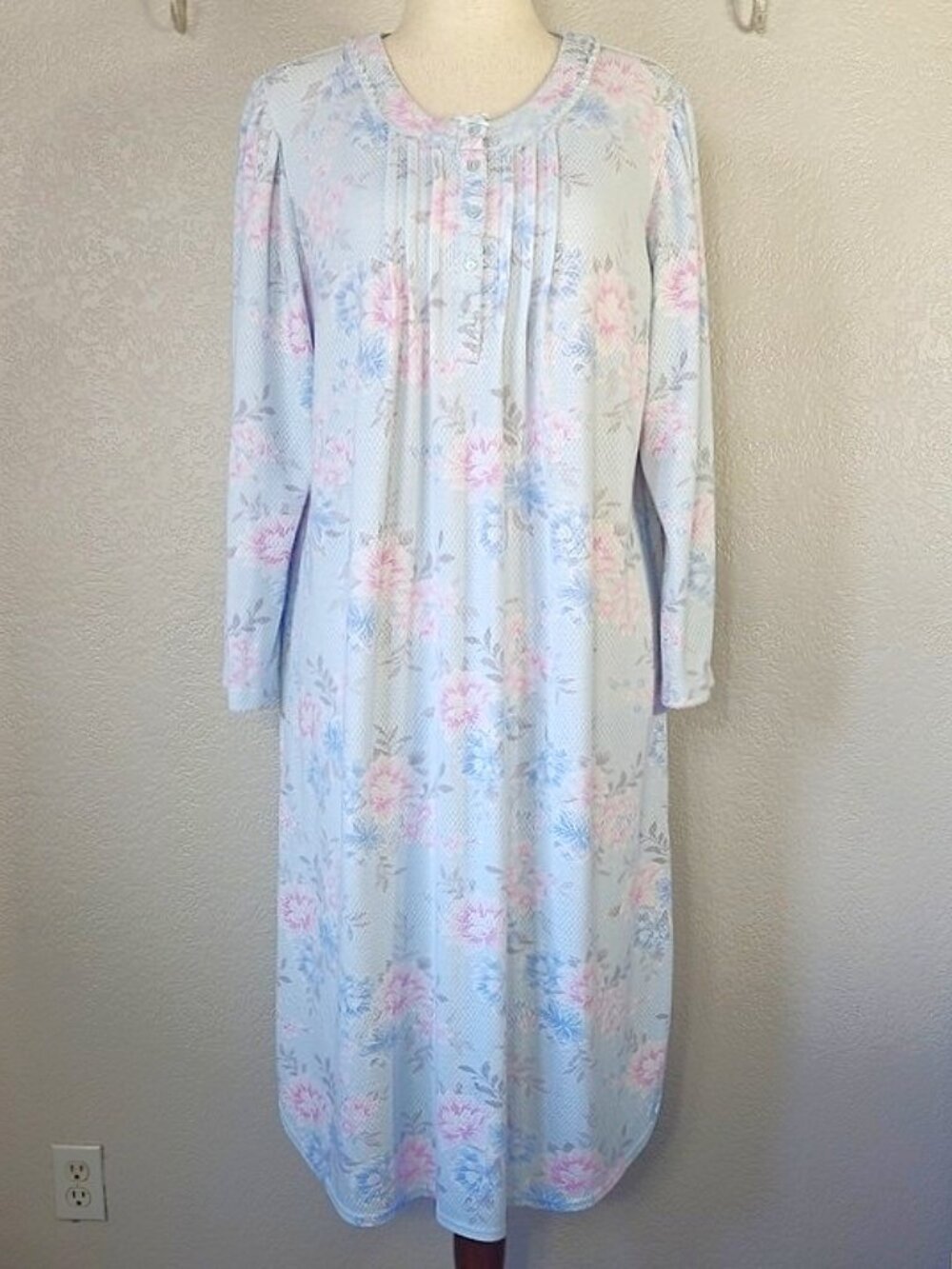 Miss Elaine 1X Waffle Knit Midi Length Nightgown Long Sleeves